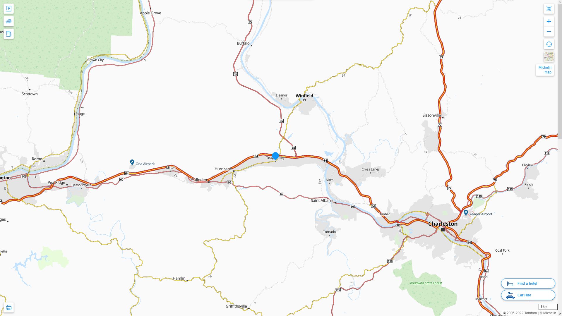 Teays Valley West Virginia Highway and Road Map